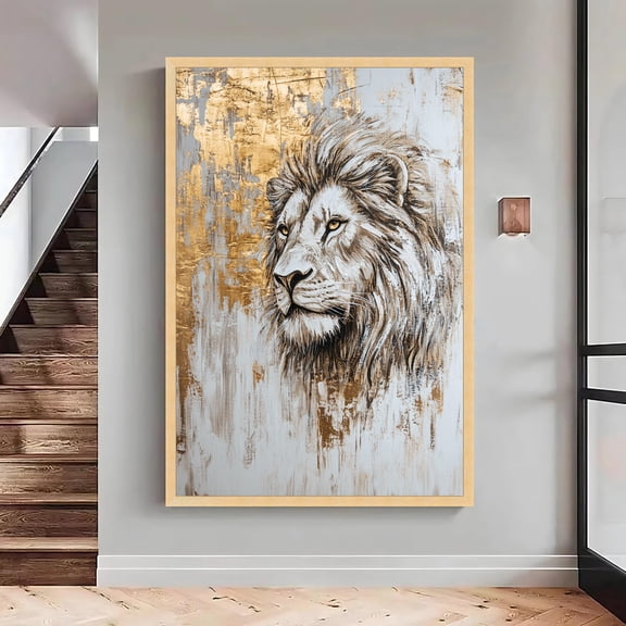 Majestic Lion Portrait, Abstract Gold Leaf Wall Art, Wildlife Animal Printing, - Large, Oversized Poster, Poster Only
