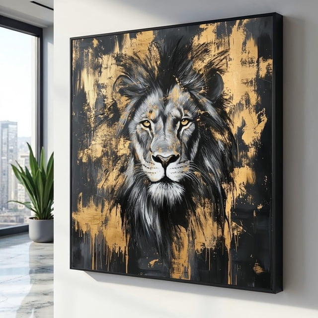 Virtual Safari Majestic Lion Portrait Wall Decor Gold Black Abstract Animal Fierce ...