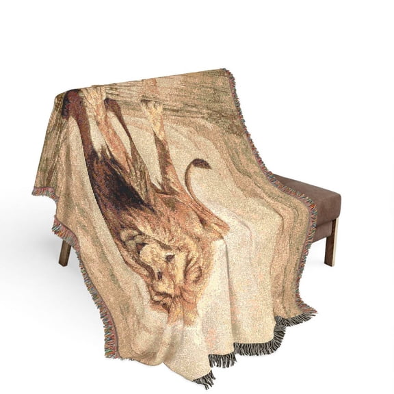 Majestic Lion Reflection Tan Woven Throw Blanket, 100% Cotton, Wildlife Style for Living Room or Bedroom