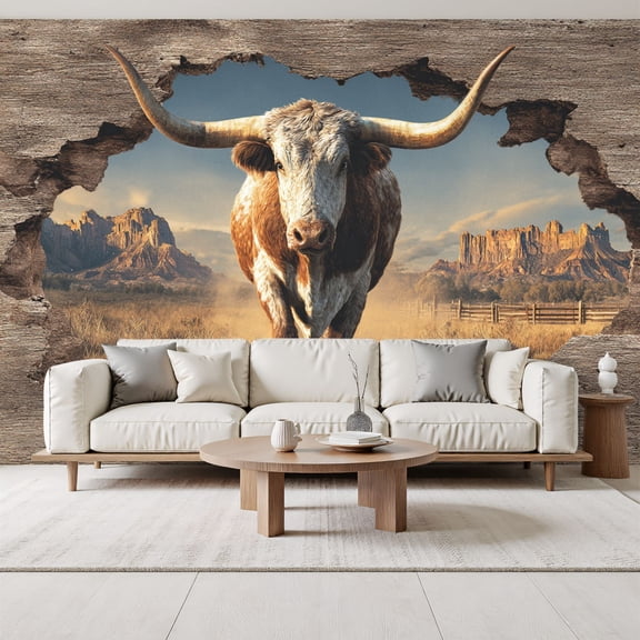 Majestic Longhorn western Wallpaper Weathered Wood wild west natural Peel and Stick Wall Murals 69"H x 96"W Removable PVC Wall Paper Self-Adhesive Wall Decor for Bedroom Living Room