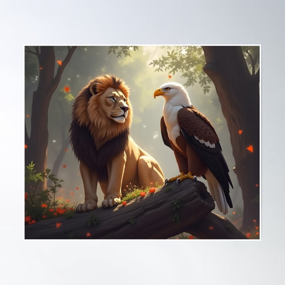 Majestic Meeting: Lion And Eagle In Harmony Poster Wall Art, Modern Wall Decor, 8x12 UNFRAMED