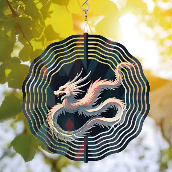 Majestic Metal Hanging Wind Spinner - Intricate Dragon Design with Multicolored Dynamic Circular Waves for Yard & Garden Decor