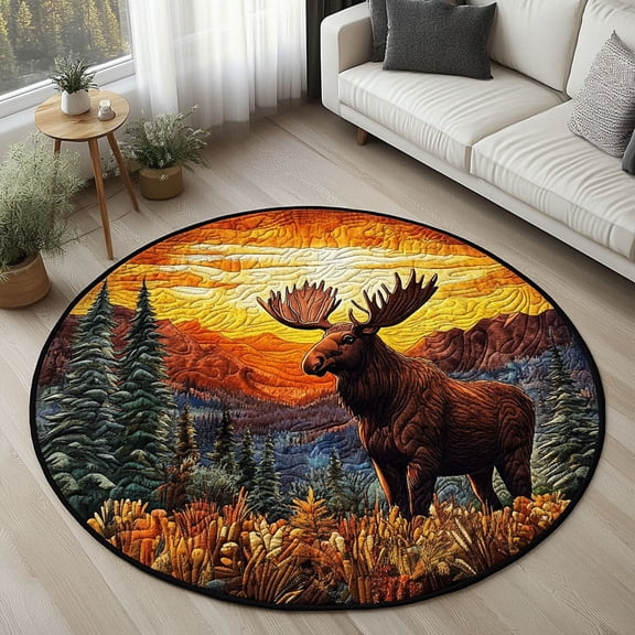 Majestic Moose Sunset Quilted Round Mat, 3D Optical Illusion Moose Rug, Sunset Wildlife Floor Mat, Rustic Nature Decor, Indoor Outdoor Area Rug