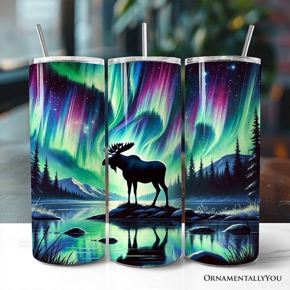 Majestic Moose Under Northern Lights 20oz Personalized Tumbler With Lid and Stainless Steel Straw, Enchanted Christmas Gift Cup
