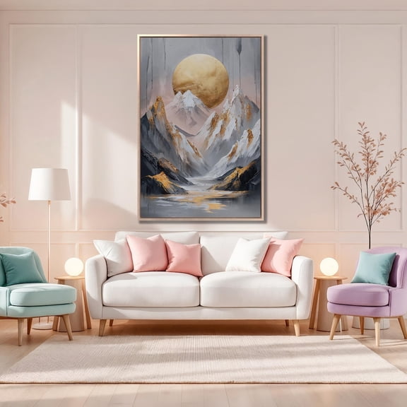 Majestic Mountain And Golden Moon Poster: Abstract Landscape Wall Art, Stretched Canvas Size 12x18