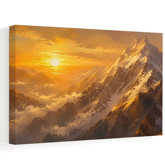 Majestic Mountain Canvas Wall Art, Golden Sunrise Mountain Ridges Glowing Sky Wall Art Prints Artwork Framed Canvas Ready to Hang Art Pictures for Bathroom Nightstand, Narrow Hallway 14" x 11"