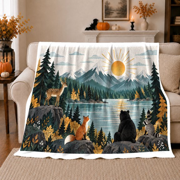Majestic Mountain Forest Wildlife Scene, Peaceful Mountain Lake Scene, Warm Flannel Blanket for Cabin and Lodge, Outdoor Lovers Thanksgiving Gift, Rustic Home Decor