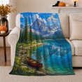thumbnail image 1 of Majestic Mountain Lake Canoe Painting Peaceful Wilderness Scenery, Peaceful Mountain Lake Scene, Warm Flannel Blanket for Cabin and Lodge, Outdoor Lovers Camping Gift, Rustic Home Decor, 1 of 9