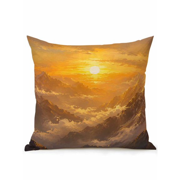 Majestic Mountain Outdoor Throw Pillow with Insert, 16"x16" Golden Sunrise Mountain Ridges Glowing Sky Waterproof Decorative Square Patio Pillows for Outside Furniture, Sofa, Porch, Garden