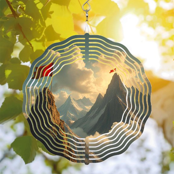 Majestic Mountain Range Metal Wind Spinner - Circular Design with Red Flag Serene Clouds & Snow - Capped Background for Garden Decor