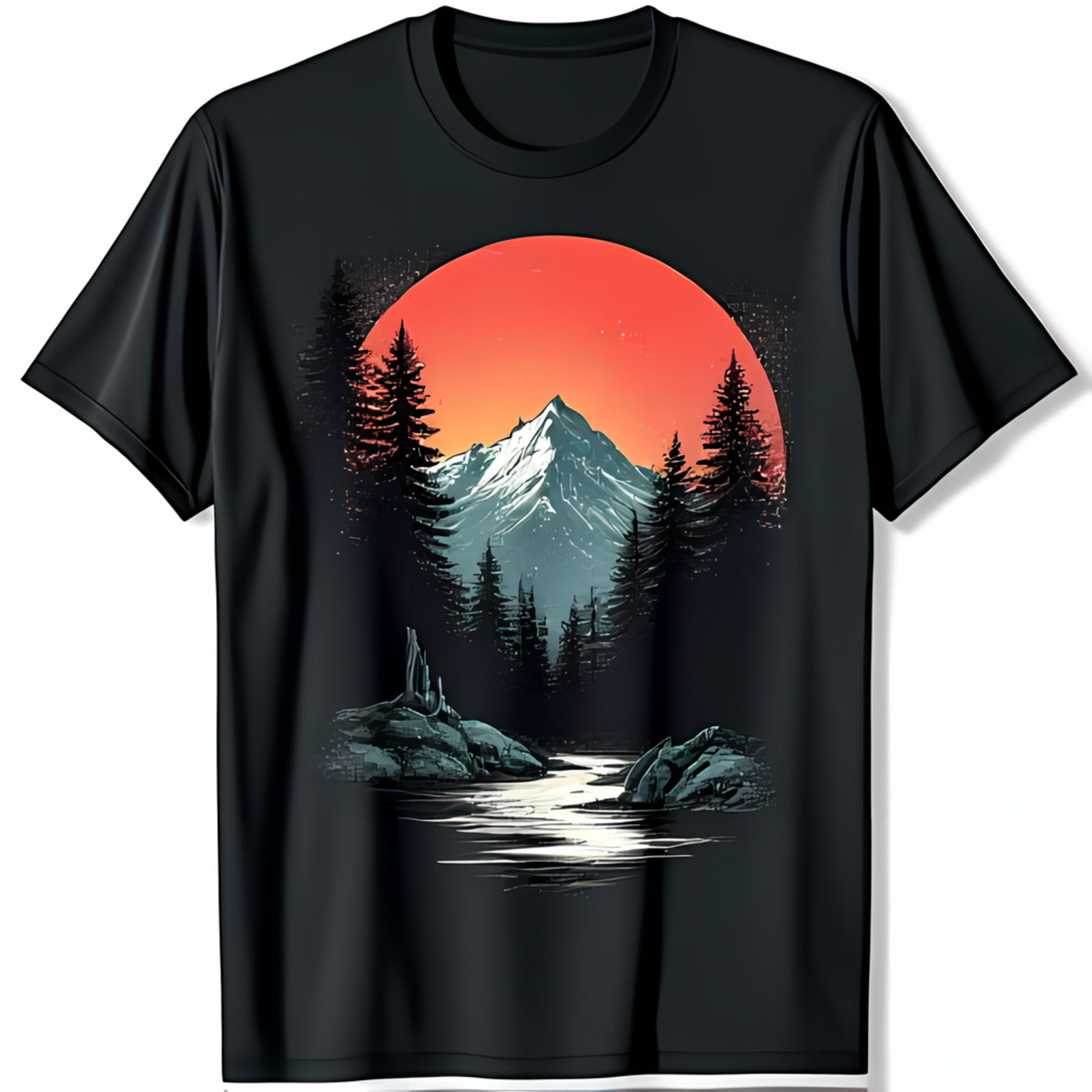Majestic Mountain Sunset Black TShirt with Pine Trees and River Design