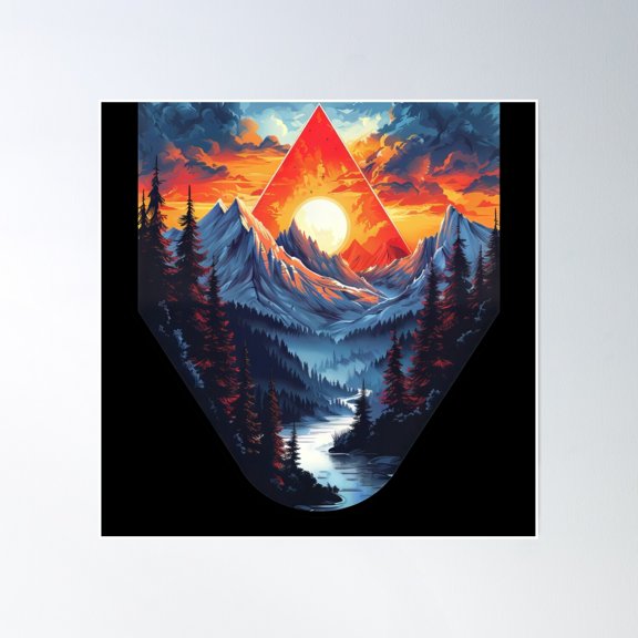 Majestic Mountain Sunset – Geometric Alpine Landscape Poster Wall Art, Modern Wall Decor, 16x16 UNFRAMED