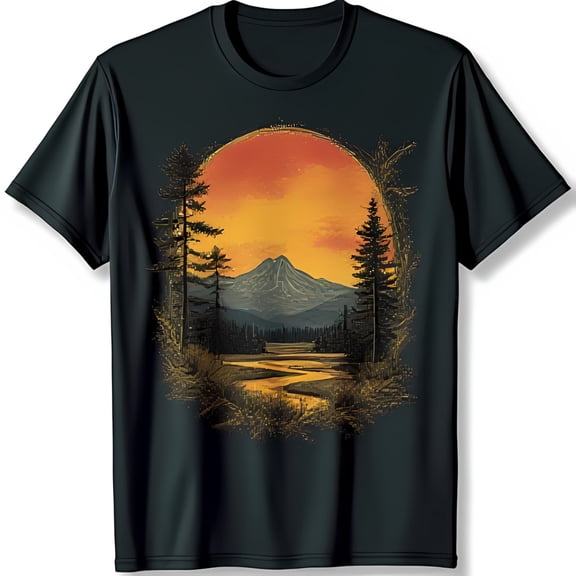 Majestic Mountain Sunset Graphic on Dark Blue T-Shirt Nature Inspired Design