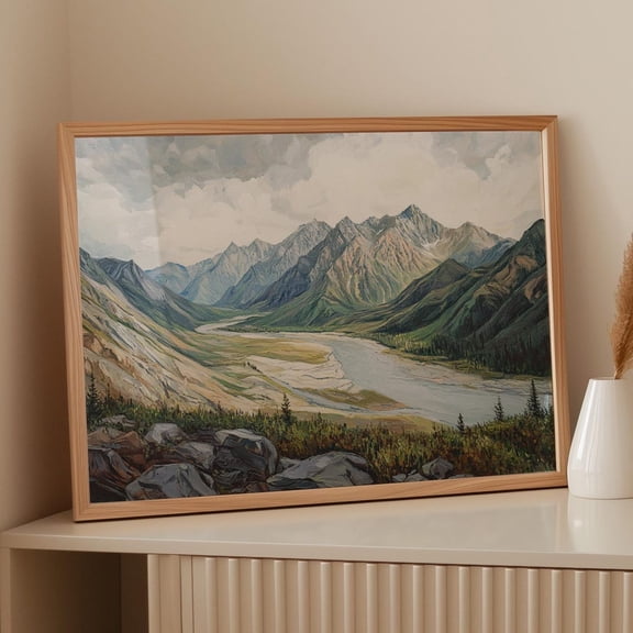 Majestic Mountain Valley Landscape – Serene River And Rugged Peaks Wall Art Prints For Nature Lovers Wall Art, Modern Wall Decor, 8x12 UNFRAMED