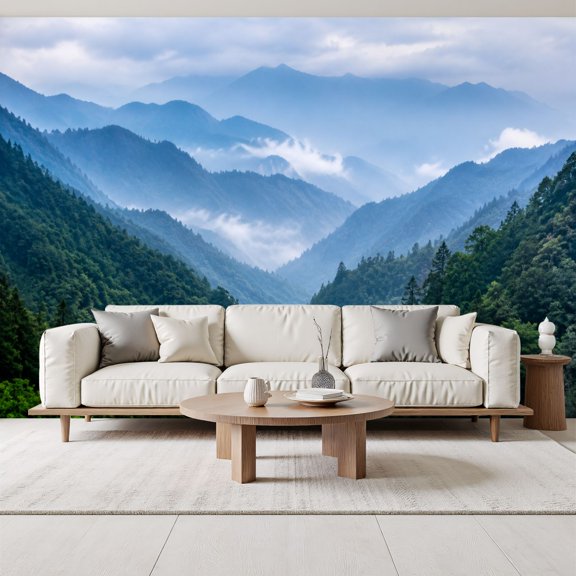 Majestic Mountain Wallpaper Clouds Green Forests nature scenery Peel and Stick Wall Murals 69"H x 96"W Removable PVC Wall Paper Self-Adhesive Wall Decor for Bedroom Living Room