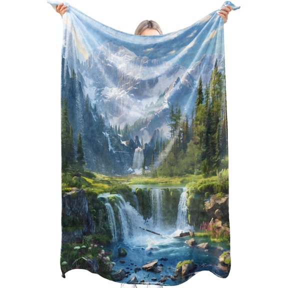 Majestic Mountain Waterfall Forest Flannel Blanket Peaceful Alpine Nature River Snow Peak Throw Blankets Lightweight Soft for Party Chair Bed Sofa Camping Travel,Home Decor,Gifts 50x40in