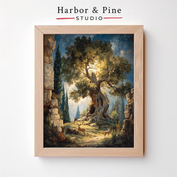 Majestic Oak in Sunlit Forest Rustic Landscape Art, Unframed Paper Poster 8x10in