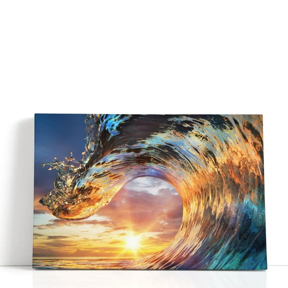 Majestic Ocean Wave During Sunset- Wrapped Canvas Print Wall Art | 48" W x 32" H