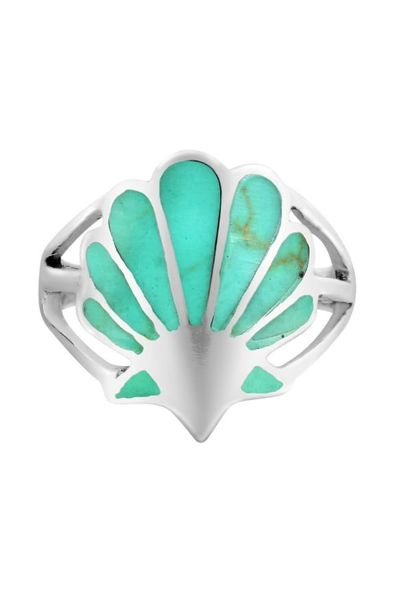 Majestic Ocean's Seashell Motif Green Turquoise Inlay Sterling Silver Ring-8