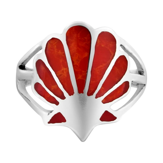 Majestic Ocean's Seashell Motif Red Coral Inlay Sterling Silver Band Ring Female Anniversary-7