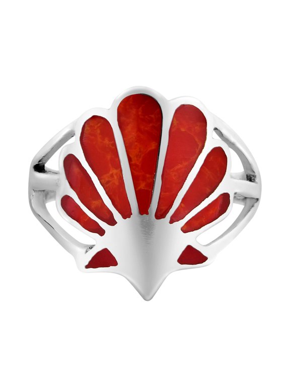 Majestic Ocean's Seashell Motif Red Coral Inlay Sterling Silver Band Ring Female Anniversary-7