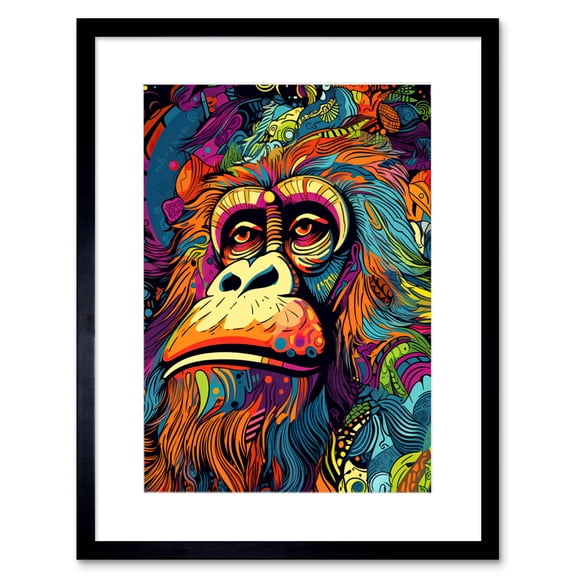Majestic Orangutan Great Ape Colourful Psychedelic Borneo Rainforest Artwork Framed Wall Art Print 9X7 Inch
