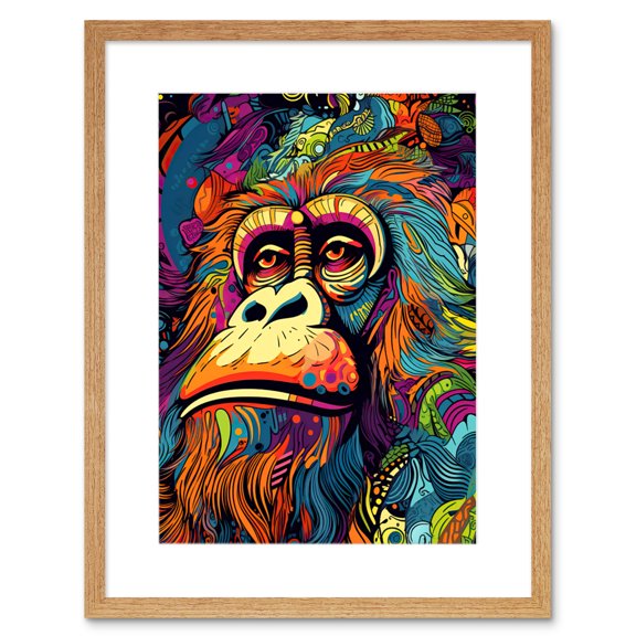 Majestic Orangutan Great Ape Colourful Psychedelic Borneo Rainforest Artwork Framed Wall Art Print 9X7 Inch
