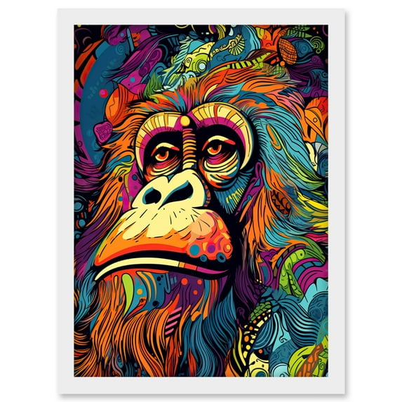 Majestic Orangutan Great Ape Colourful Psychedelic Borneo Rainforest Artwork Framed Wall Art Print A4