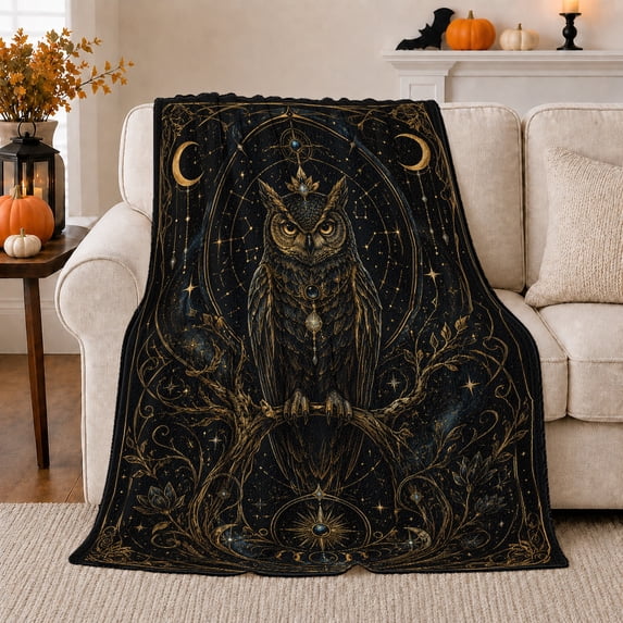 Majestic Owl Gothic Celestial Night Sky Mystical Celestial, Festive Celestial Art Scene, Warm Flannel Blanket for Home Library and Reading Nook, Bird Lovers Housewarming Gift, Festive Home Decor