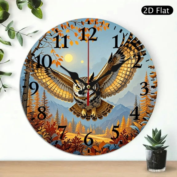 Majestic Owl In Flight Wall Clock, Autumn Forest Landscape Decorative Circular Clock, 10x10 Inch, 1pc, Battery Not Included