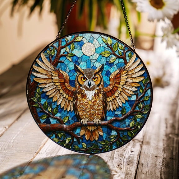 Majestic Owl In Moonlight Glass Suncatcher, Window Hanging Bird Lover, 3.5 in