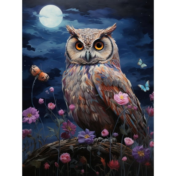 Majestic Owl Portrait Oil Painting Great Horned Purple Pink Blue Full Moon in Spring Meadow with Wildflowers Unframed Wall Art Print Poster Home Decor Premium