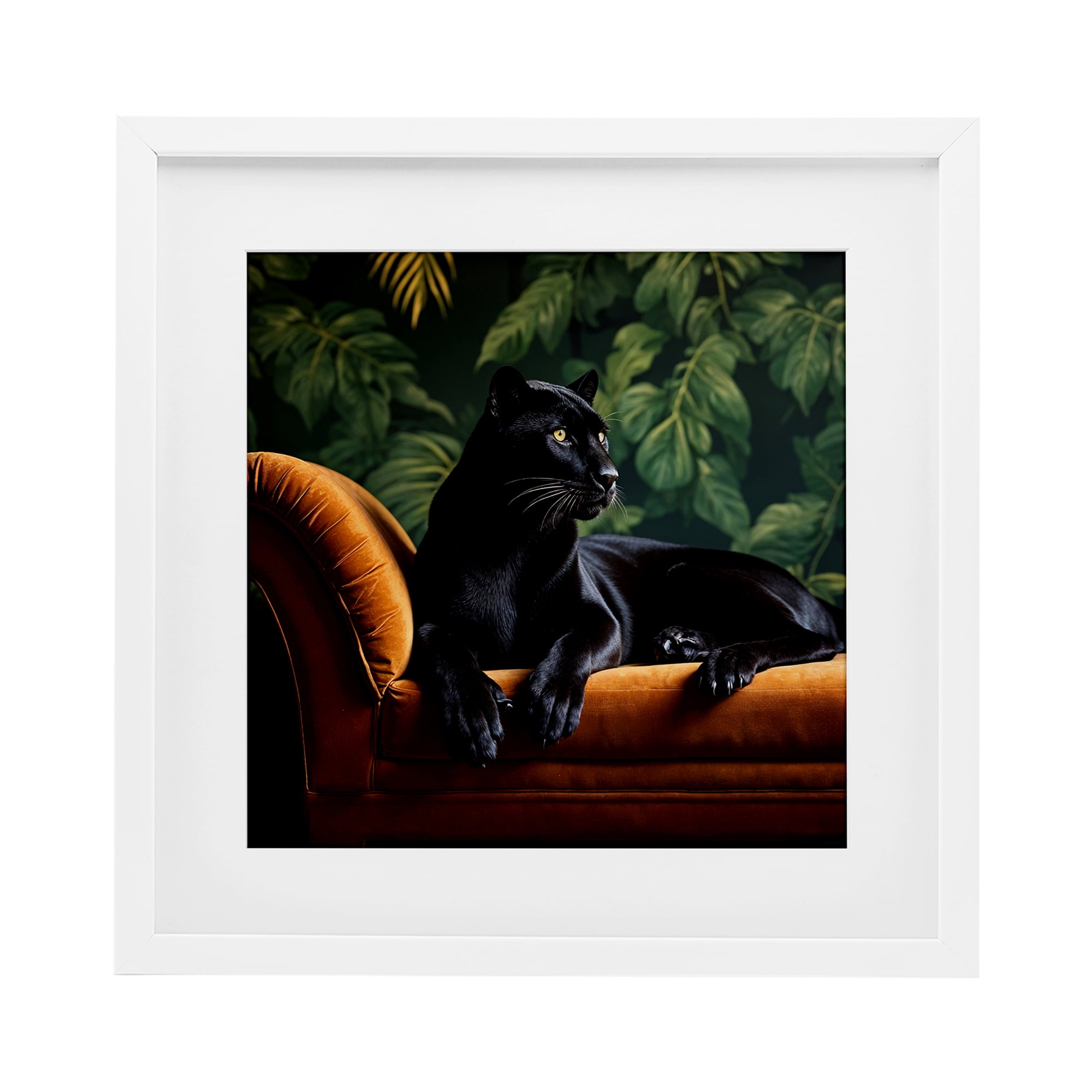 Majestic Panther on Chaise White Framed Print Under Glass, design by Lettered and Lined