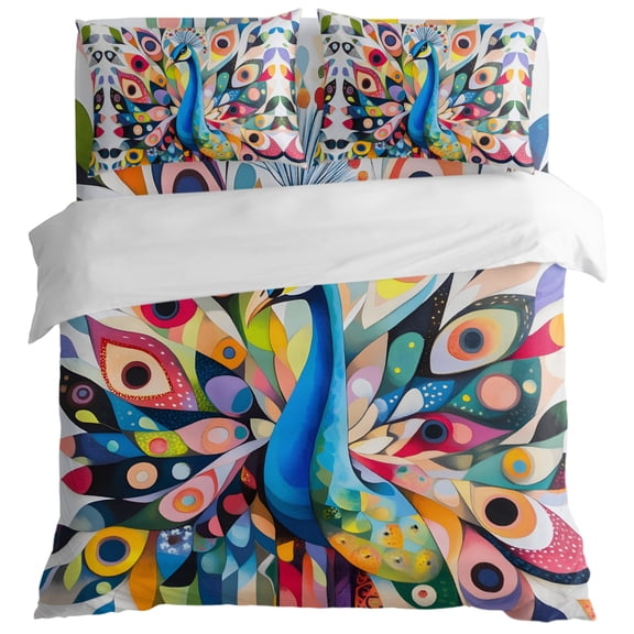 Majestic Peacock Head King Size Bed Set,Watercolor Animal Art Bedding for All Seasons,4 Pcs Bed Set with 1 Quiltcover (104"x90"),1 Sheet (108"x98"),2 Pillowcases (20"x36")