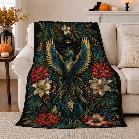 Majestic Peacock Poinsettia Holiday Scene Radiant Teal Gold, Festive Holiday Scene, Warm Flannel Blanket for Living Room and Reading Nook, Art Lovers Friendship Gift, Festive Home Decor
