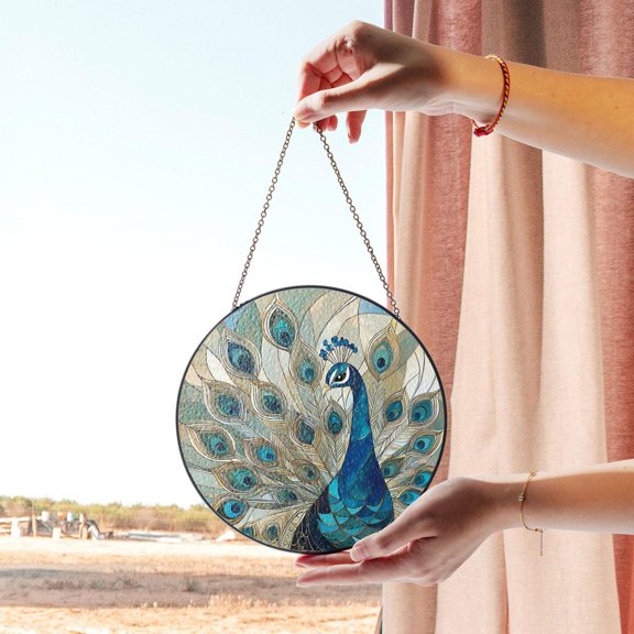 Majestic Peacock Stained Glass Window Panel - Vibrant Feather Design for Elegant Home or Office Decor