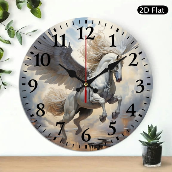 Majestic Pegasus Flying Winged Horse Wall Clock, Ethereal Celestial Mythical Design, Round 10x10 Inch Decorative Timepiece for Home Decor, 1pc, Battery Not Included