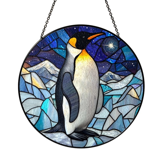 Majestic Penguin Stained Glass Suncatcher, Round Window Panel with Winter Wonderland Scene, Arctic Wildlife Home Decor