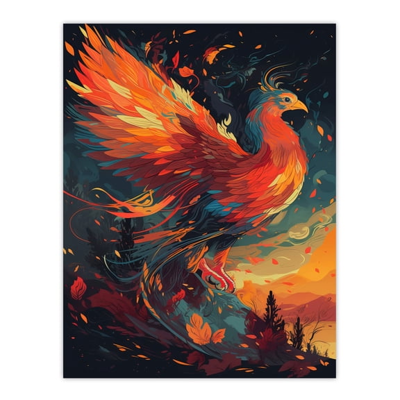 Majestic Phoenix Bird Spreading Wings Concept Painting Blue Orange Red Mythical Creature Rising From Fire Ashes Vibrant Portrait Unframed Wall Art Print Poster Home Decor Premium