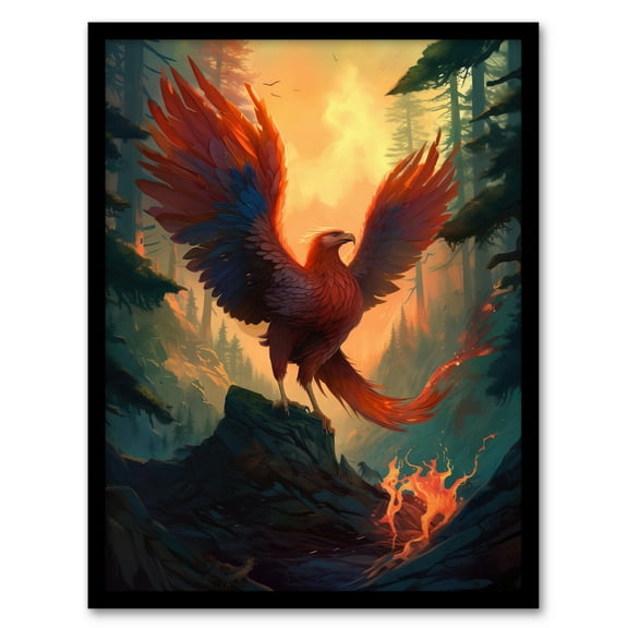 Majestic Phoenix Bird Spreading Wings Concept Painting Mythical Creature Rising From Fire Ashes in Enchanted Forest Landscape Artwork Framed Wall Art Print A4