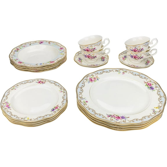 Majestic Porcelain 6417, 24K Gold-Plated Dinnerware Set, Dinner Service for Four, 20-Piece Set: 4 Dinner Plates, 4 Soup Plates, 4 Dessert Plates, 4 Tea Cups with 4 Saucers
