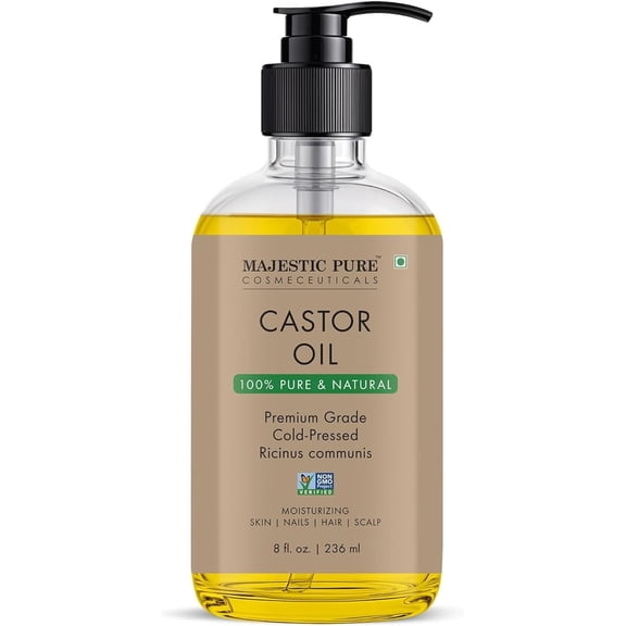 Majestic Pure Castor Oil | 100% Natural | Premium Grade Cold Pressed | Hair, Eyelashes, Eyebrows, Nails | Moisturizing & Nourishing | Body, Hair & Carrier Oil | 8 Fl Oz