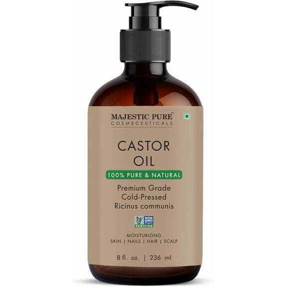 Majestic Pure Castor Oil | 100% Natural | Premium Grade Cold Pressed | Hair, Eyelashes, Eyebrows, Nails | Moisturizing & Nourishing | Body, Hair & Carrier Oil | 8 Fl Oz
