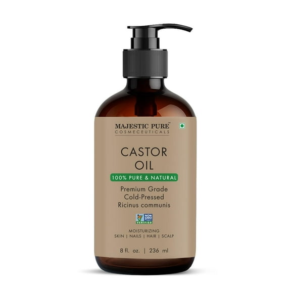 Majestic Pure Castor Oil with glass bottle | 100% Natural | Premium Grade Cold Pressed | Hair, Eyelashes, Eyebrows, Nails | Moisturizing & Nourishing | Body, Hair & Carrier Oil | 8 Fl Oz