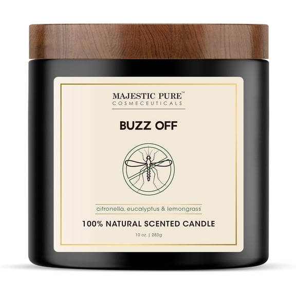 Majestic Pure Citronella Eucalyptus Lemongrass Scented Candle, 10 oz Jar Candle, 2-Wick Soy Wax Blend, Up to 45+ Hours Burn Time, Refreshing Outdoor Fragrance, Buzz
