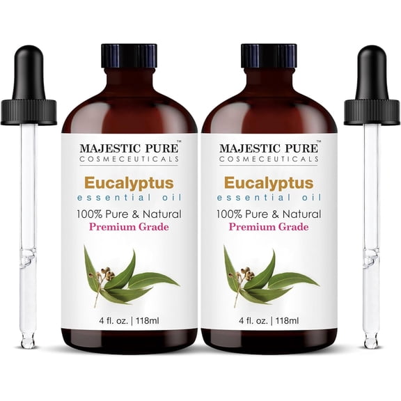Majestic Pure Eucalyptus Essential Oil with Glass Dropper - 4 Fl Oz Pack of 2-100% Pure and Natural Eucalyptus Oil - Premium Grade Essential Oils for Diffuser, Aromatherapy, Soap and Candle Making