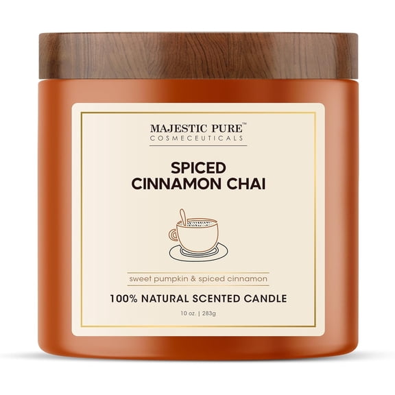 Majestic Pure Pumpkin Cinnamon Scented Candle with Up to 45+ Hours Burn Time, 2-Wick Soy Wax Blend, Cleaner Consistent Burn, 10 oz Jar Candle with Room-Filling Fragrance, Spiced Chai