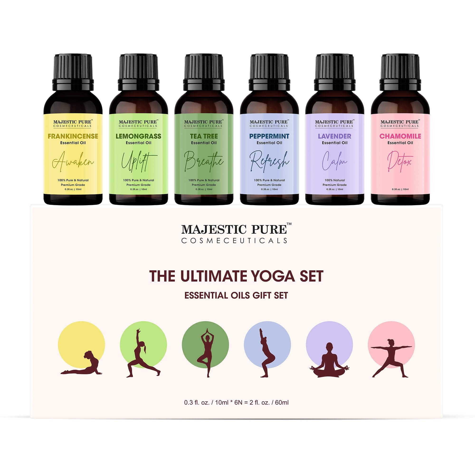 Majestic Pure, Yoga Essential Oil Gift Set | 100% Pure & Natural Set for Yoga, Meditation and Self-Care Rituals | Frankincense, Tea Tree, Lavender, Peppermint, Lemongrass, Chamomile - Pack of 6