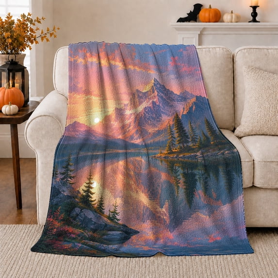 Majestic Purple Mountain Sunrise Landscape Reflection Art, Peaceful Mountain Lake Scene, Warm Flannel Blanket for Cabin and Lodge, Outdoor Lovers Christmas Gift, Festive Home Decor
