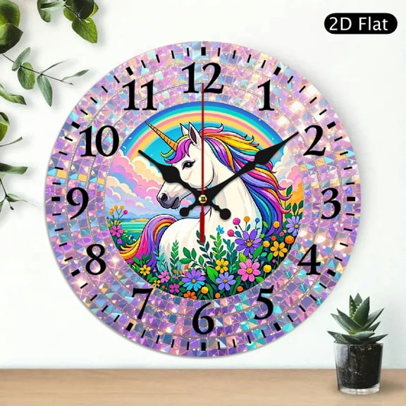 Majestic Rainbow Unicorn Wall Clock with Floral Garden Design, Colorful Fantasy Art Print, Decorative Round Clock for Kids Room, 10x10 Inch, 1pc, Battery Not Included
